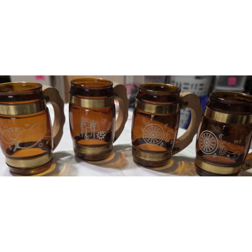 Vintage Siesta Ware Amber Glass Western Mugs Wood Handles Brass Set of 4
